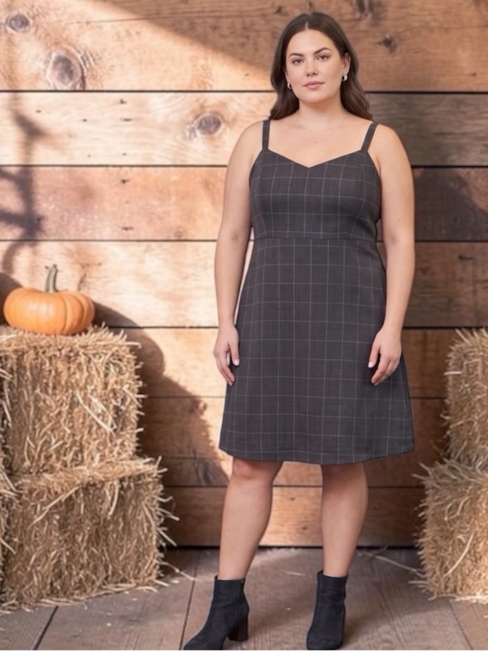 Lane Bryant NWT Plaid Charcoal Gray Plaid V‑Neck Midi Dress Plus Size 28